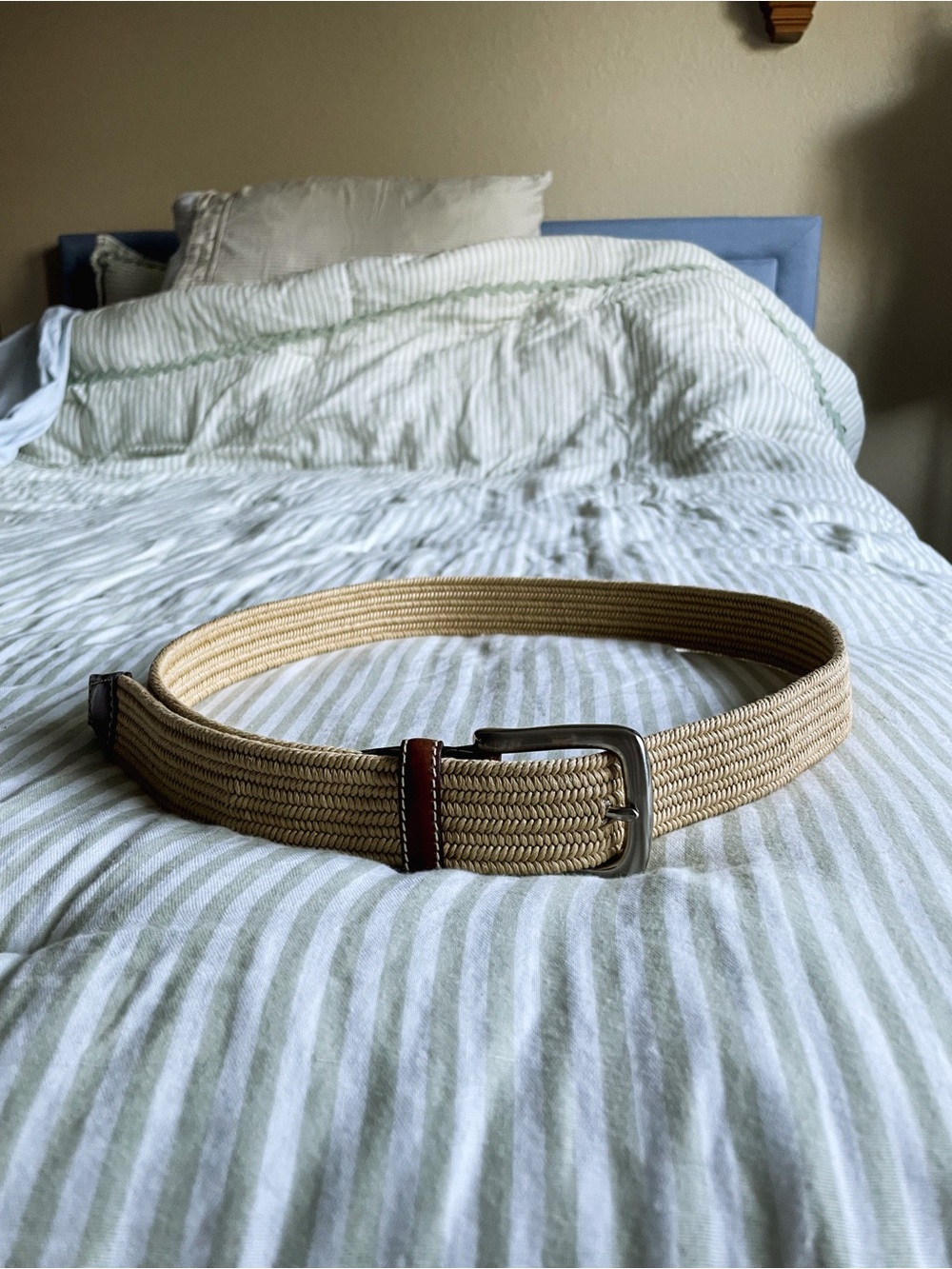 Men’s Brighton Palmer Woven Stretch Leather Belt Size 40 Cream Cognac